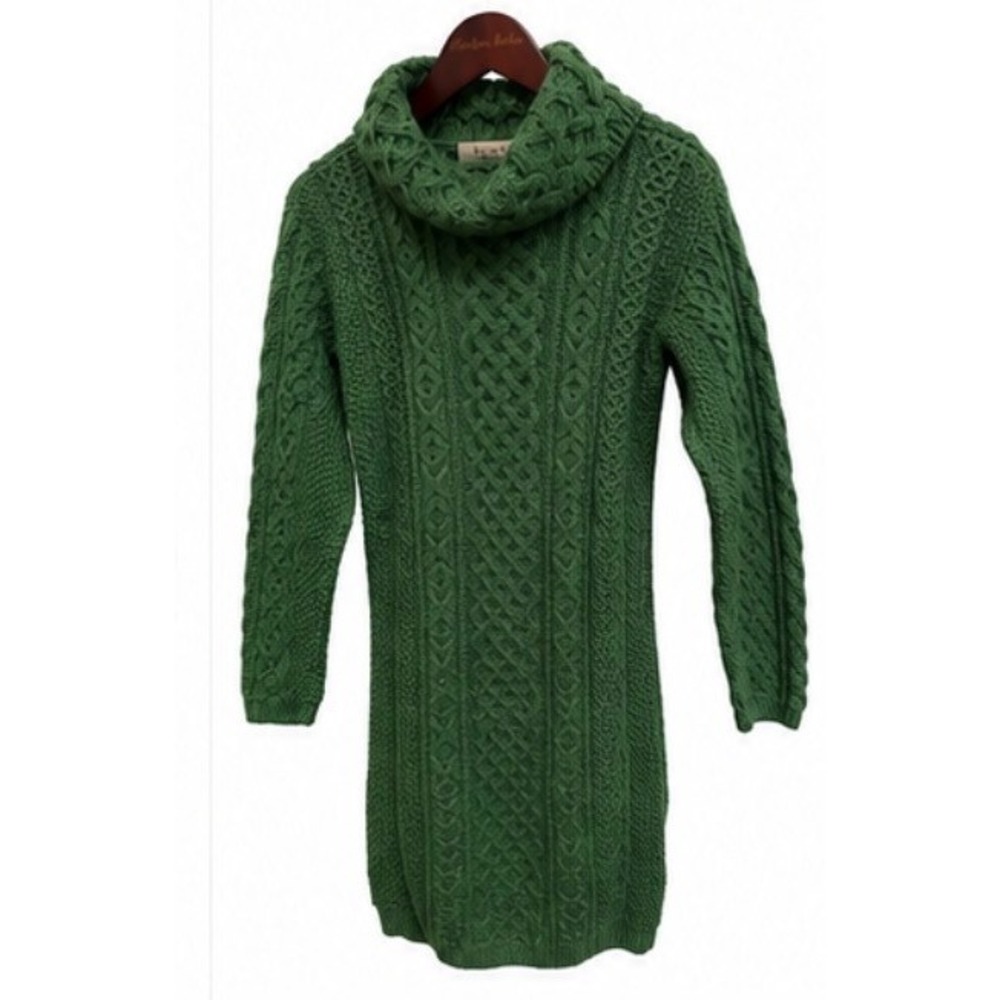 Aran Sweater Market Dress Womens M Green EUC Merino Wool Cable Knit Cowl Neck